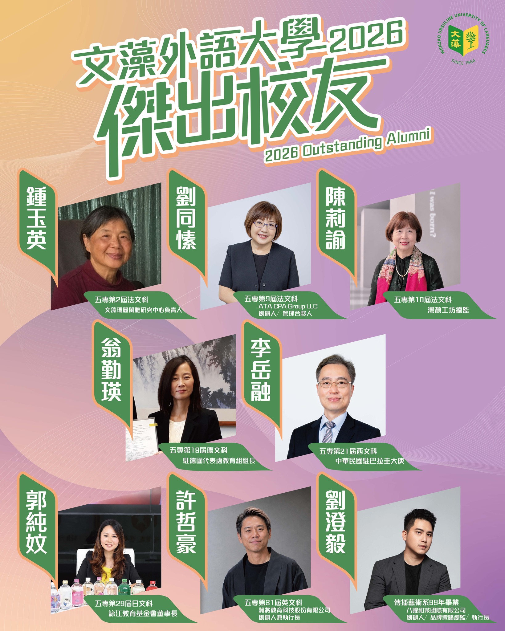 【傑出校友】2026年文藻外語大學傑出校友名單